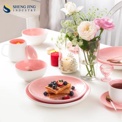 China Sustainable Restaurant Pink Plate Platos Ceramic Restaurant Dishes for sale