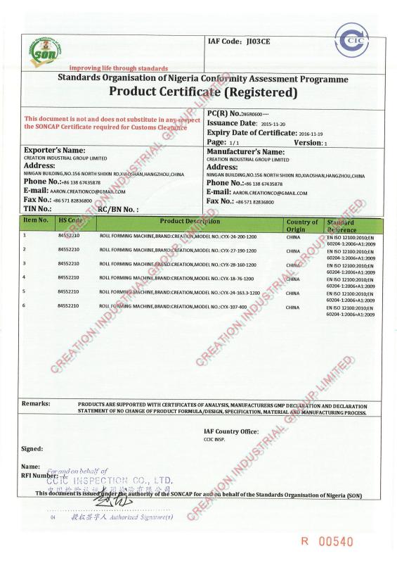 SONCAP-Product Certificate - Creation Industrial Group Limited