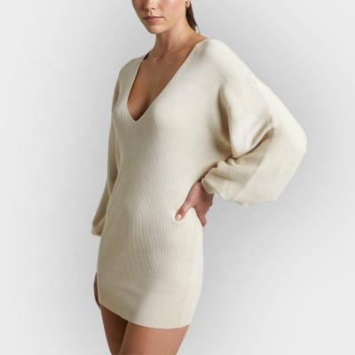 China 2022 Anti-Static Mini Dress Knitting Women's Winter V-Neck Balloon Sleeve Beige Dresses for sale