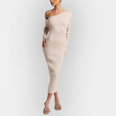 China 2022 New Anti-Static Off The Shoulder Knitting Dress Ribbed High Quality Sexy Women's Long Sleeve Midi Dress for sale