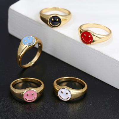 China Fashionable Tasty Rings Lead Free Nickel Enamel Jewelry Stainless Steel Summer Dainty Happy Multiple Color Chunky Seal Face Smiley Ring for sale