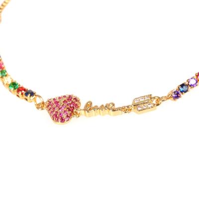 China New Fashion Rainbow Zircon 18k Gold Heart Shape And Love Letter Bracelet Lead Free Nickel Free for sale