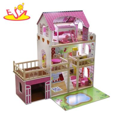 China Mini Toy Ready to board kids led large wooden dollhouse with garage and garden W06A333C for sale