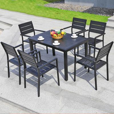 China Modern Simplicity Modern Outdoor Patio Garden Set Courtyard Balcony Table Chair Sets Aluminum Frame Plastic Wood Cafe Dining Table Set for sale