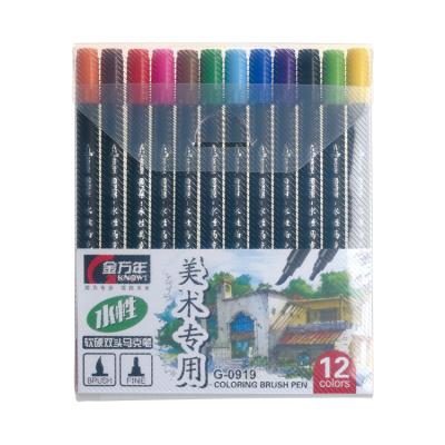 China Student and Office Stationery Water Base Ink Painting Soft and Hard Tips Dual 12 Colors One Set Drawing Permanent Marker Pens for sale