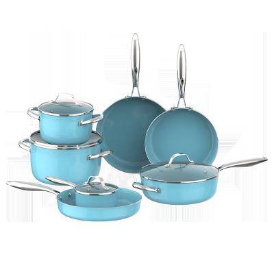 China ASD Viable Wholesale Blue Kitchen Pans 7pcs Diamond Non Stick Aluminum Frying Soup Cooking Pots Cookware Sets for sale