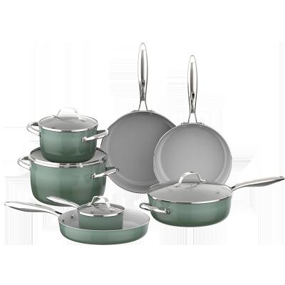 China ASD China Sustainable Kitchen Frying Brands Non Stick Pan Cooking Pots Set Green Aluminum Stick Cookware Sets for sale