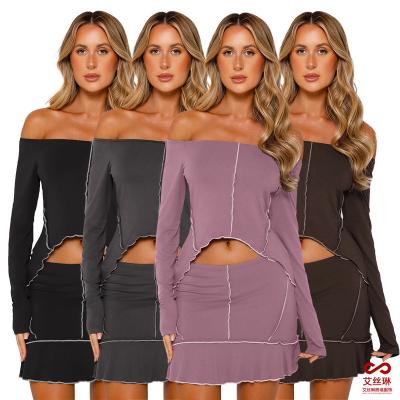 China 2023 Autumn New QUICK DRY Skirt Suits Women's Casual Chic Clothes Long Sleeve Off The Shoulder Top 2 Piece Mini Skirt Set for sale