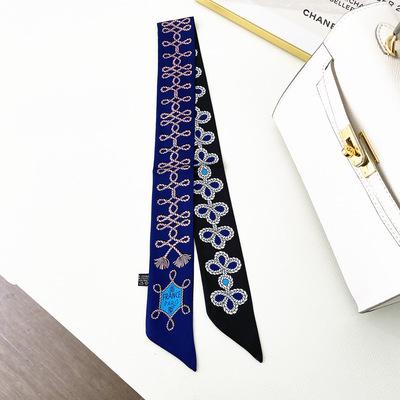 China Long Twill Silk Scarf Women Small Handle Bags Scarf Narrow Wrist Long Small Ribbon Fashion Printed Hair Band Silk Scarves for sale