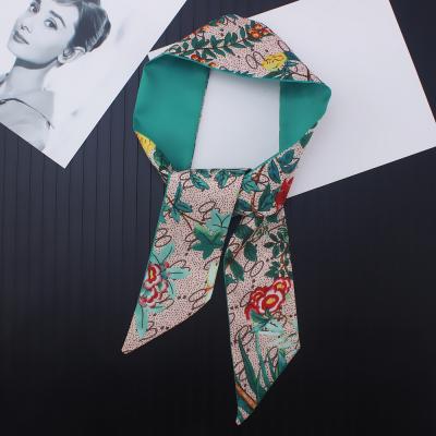 China Custom Floral Printed Silk Scarves Long Head Scarf Women Silk Skinny Twill Headbands Decoration Scarf for sale