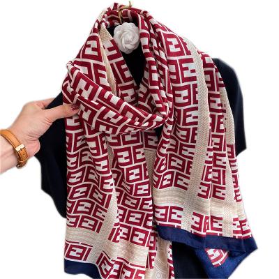 China Newest Casual Viscous Scarf Ladies Brand Designer Shawls Cotton Luxury Muslim Hijabs Color-block Euro Letter Printing Head Scarf Women for sale