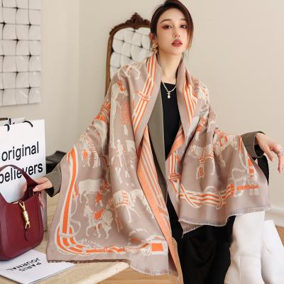 China Newest Winter New Arrival Designer Women Jacquard Horse Pashmina Luxury Cashmere Scarf Warm Thick Shawls Scarf for sale