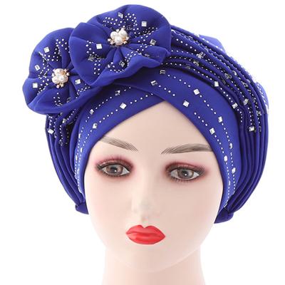 China Newcomer character women rhinestone headwear flower fashion turban soft flower muslim ladies hijab stylish african headwrap hood for sale