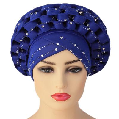 China Amazon Multifunctional Luxury Women Muslim Hijab Hoods African Braided Latest Nigerian Headwrap Aso Oke Headtie Hood Rhinestone Turban Hat for sale