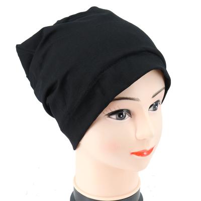 China 2021 Luxury Hot Sale Plain Cotton Color Hijab Hat Elastic Pure Color Beanie Knit Hijab For Women Lady for sale