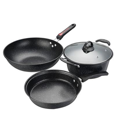 China Stocked Fine Quality Southeast Asia Fine Iron Cheap Price Three Pieces Iron Handle Red Marble Coating Kitchen Cooking Pot Pan Sets for sale