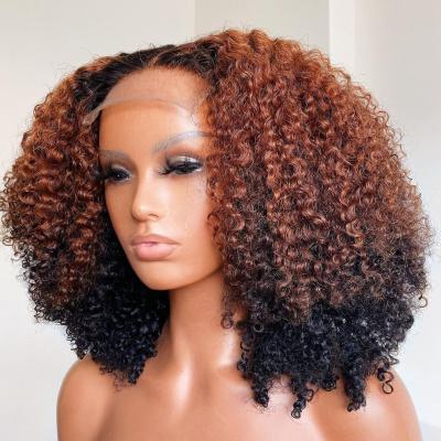 China Swiss Sheer Lace Front Kinky Curly Ombre Brown Curl Wigs Raw Unprocessed Brazilian Virgin Hair for sale