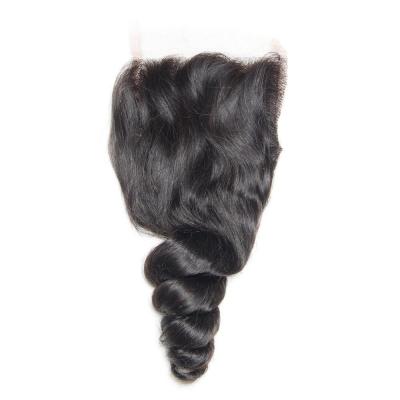 China Loose Wave 4x4 Inches Loose Wave Brazilian Remy Human Hair Swiss Lace Closure With Baby Hair for sale