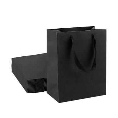 China Black Recyclable Matte Laminated Art Paper Shopping Bags with Ribbon Handles for sale