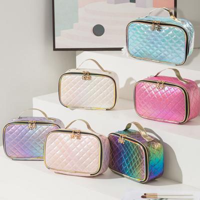 China PU Anti-theft Portable Diamond Lattice Phantom Laser Cosmetic Bag Travel Toiletries Lady Bags Storage Bag for sale