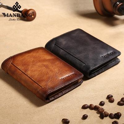 China Classic Three Layer Cowhide Wallet Vertical Layer Anti-theft Men's Short Wallets Anti-theft First Fold Brush for sale