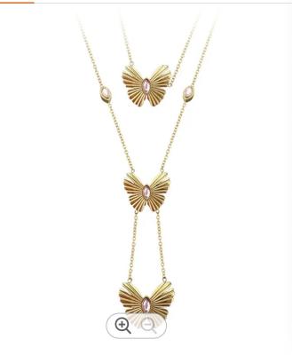 중국 18K Gold Plated Stainless Steel Jewelry Double Chain Pink Zircon Butterfly Pendant Accessories Necklaces 판매용