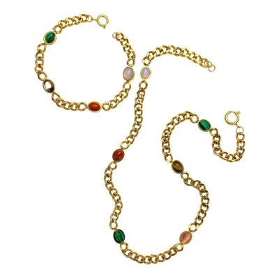 Cina Set di gioielli in acciaio inossidabile Collana con bracciale in pietra ovale colorata per donna in vendita