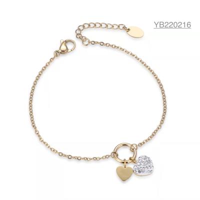 Chine 16cm Double Coeur Strass Bracelet 14k Or Inoxydable Bracelets Romantiques Pour Elle à vendre