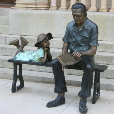 China China Factory Price Bronze Statue Man Reading Book With Little Girl On Bench Sculpture for sale