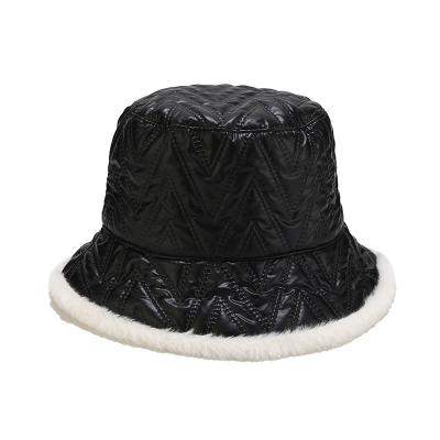 China New Autumn Winter Bucket Hats Women Decoration PU Panama Hat Fisherman Hat Thick Warm Plush Leather Cap For Girl Basin Flap Hat for sale