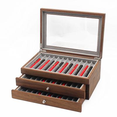 China High Quality Luxury Gift Ink Pen Box With Wooden Drawer 34 Slots Walnut Pen Display Storage Case for sale