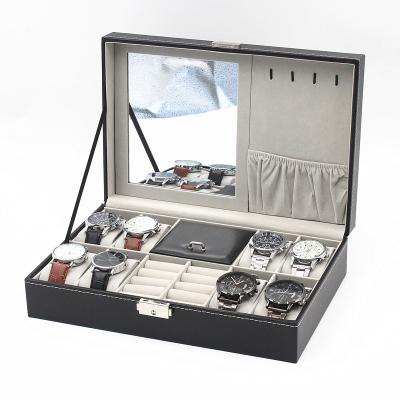 China watch & Promotional Jewelry Storage 8 Slots Watch Case With 2 Slots PU Black Leather Jewelry Case With Mirror Watch Jewelry Box for sale