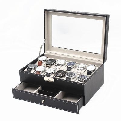 China watch & Creative Jewelry Storage 12 Slots Watch Case With Black Leather PU With 3 Slots Drawer Jewelry Display Packaging For Ladies Gift for sale