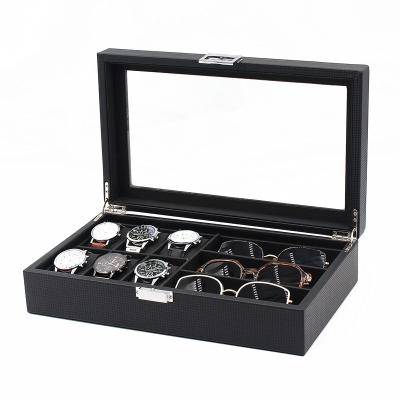 China Elaborate 6 Slots Glass Case 3 Gift Watch Case 3 Glass Carbon Fiber Leather Watch Storage Slots Case For Women's Gift In Stock for sale