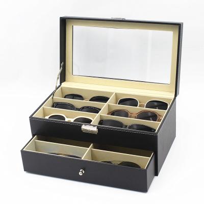 China Sunglasses Storage STOCK 12 Slots Sun Glass Box PU Leather Sunglasses Large Display Box With Window for sale