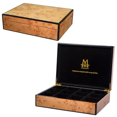 China Handmade high quality good designs customized logo wooden tea storage box for tea bag packaging display case green tea box maker for sale