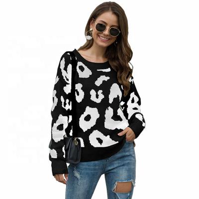 China Breathable Round Neck Women's Leopard Print Loose Pullover Sweater for sale