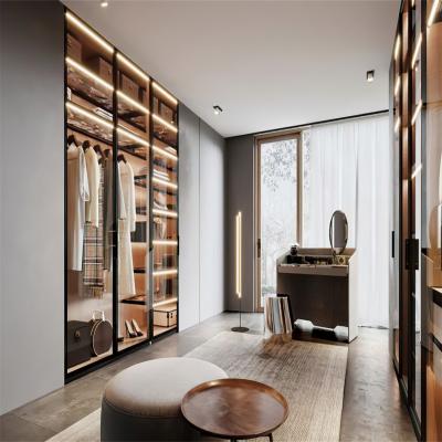 China Modern Design Matt Handle Free Bedroom Closet Luxury Double Glass Wardrobe Sliding Wardrobe Doors for sale