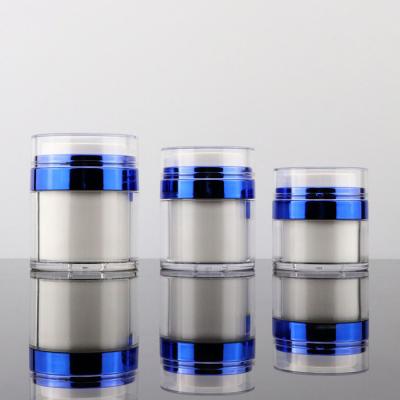 China Cosmetic Moisturizer White Blue Cosmetic Vacuum Packing Pump Emulsion Airless Jar With Cap For Makeup for sale