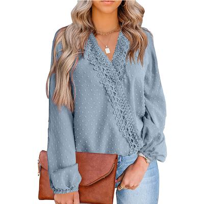 China New Breathable Fashion Design V-Neck Crochet Eyelet Tops For Bishop Women Ladies Casual Loose Sleeve Shirts Comfortable Chiffon for sale