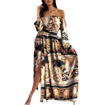 China New Design Women's Spring Breathable Summer Off Shoulder Long Sleeve Floral Print Dress Ladies Long Beach Strapless Split Party Maxis for sale