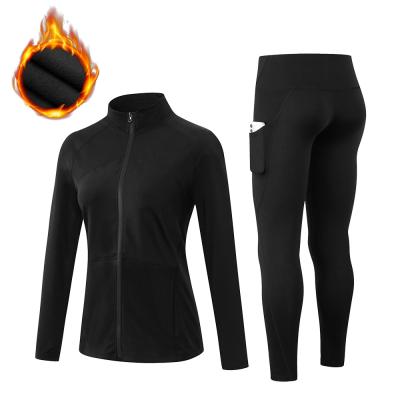 China Breathable Gym Naked Active Wear Fitness Workout Long Sleeve Winter Top With Zipper Jacket Fits 2 Piece Yoga Sets for sale