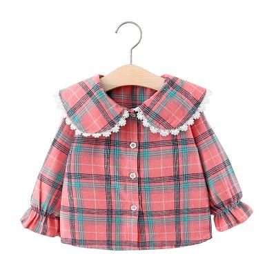 China Anti-pilling lovely plaid blouse for girls fashion girls long sleeve turn-down collar solid plaid button thin clothes kids long blouses for sale