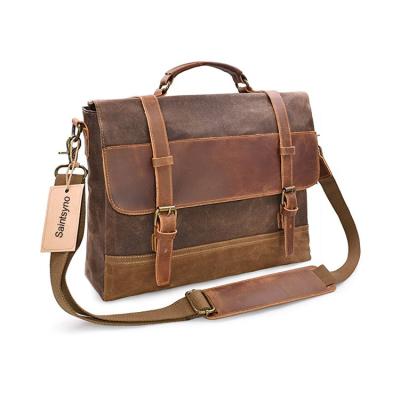 China 30-035 Leather Waterproof Canvas Leather Computer Laptop Bag 15.6 Inch Large Briefcase Case Satchel Genuine Leather Shoulder Bag for sale