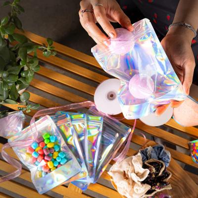 China Recycled Clear Materials Rainbow Front Silver Backed Small Holographic Mylar Zipper Pouch Bags Aluminized Plastic Packaging for sale