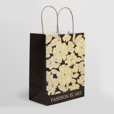 China Recyclable Luxury Cheap Flower Handle Shopping Paper Bag Black Kraft Paper Rack Stand Up Kraft Paper Bag for sale