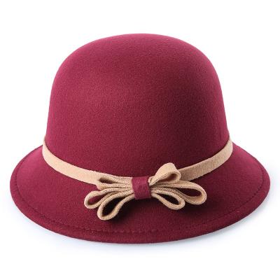 China High quality winter new style wool fabric basin hat European and American bow hat fashion basin hat imitation woolen style for sale