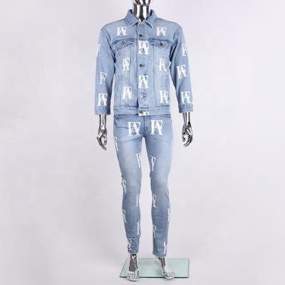 China Fashion Windproof All Over Print Jeans Suit Custom Letter Print Slim Denim Jacket And Jean Suits 2 Piece Denim Set For Men for sale