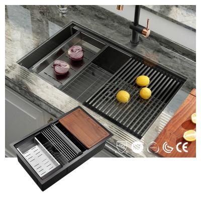 China Without Faucet High End Multifunctional Rectangular Kitchen Sink 304 Stainless Steel Black Single Bowl Sink for sale