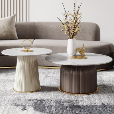 China Living room furniture modern design luxury gold stainless steel round ceramic top coffee table set for sale